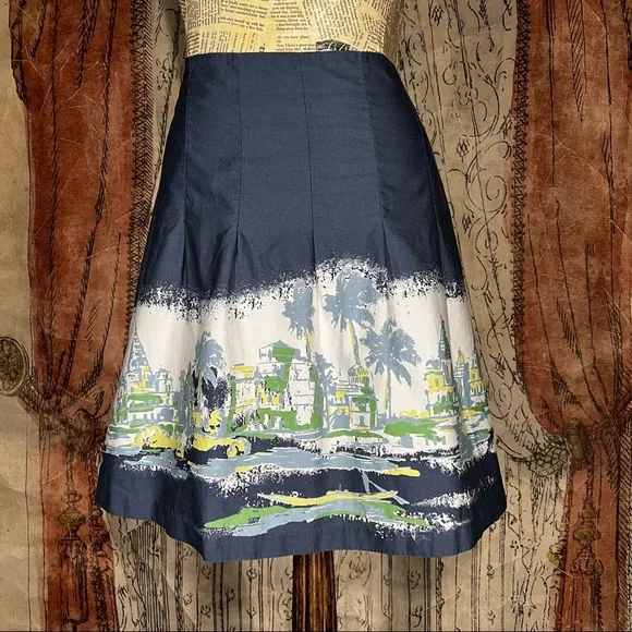OLD NAVY Womens Pleaded Palm Tree Beach Village Blue White Cotton Skirt